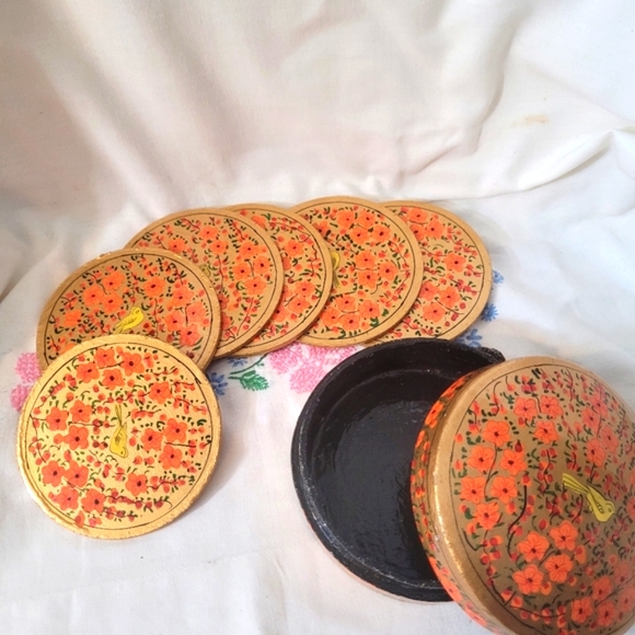 4/$26 Boho Wooden Painted Coaster Set with Box - Picture 4 of 8